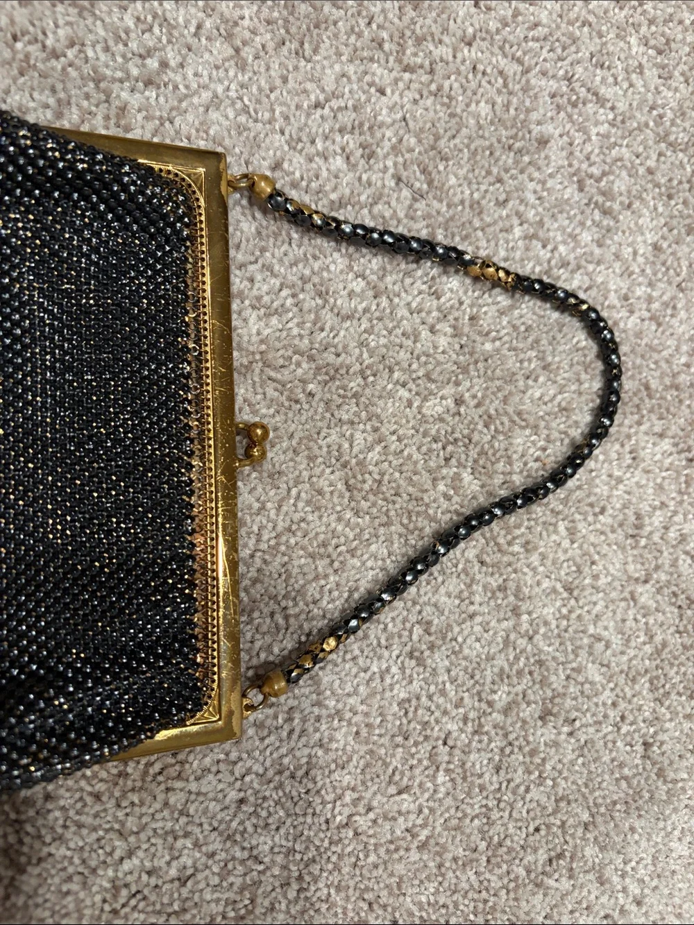 Vintage Whiting & Davis Metal Mesh Black Gold Evening Bag Copper Satin Lining
